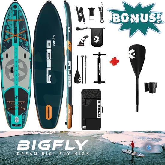 BIGFLY Sky Glide Yoga SUP Blauw — 350cm Stand Up Paddle Board | Visgerei beker houder | Extra sterk Peddel blad | Extra Breed | Ultra Licht & Stabiel — Vin, Camera Mount, LuchtPomp, 195 Kg belastbaar, Familie, Volwassenen, Kinderen