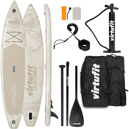 VirtuFit Voyager Opblaasbaar SUP Board 381 cm - Max. 180 kg - Stand Up Paddle Board voor Lange Afstanden - Extra Stabiliteit - Inclusief Accessoires en Draagtas - Beige