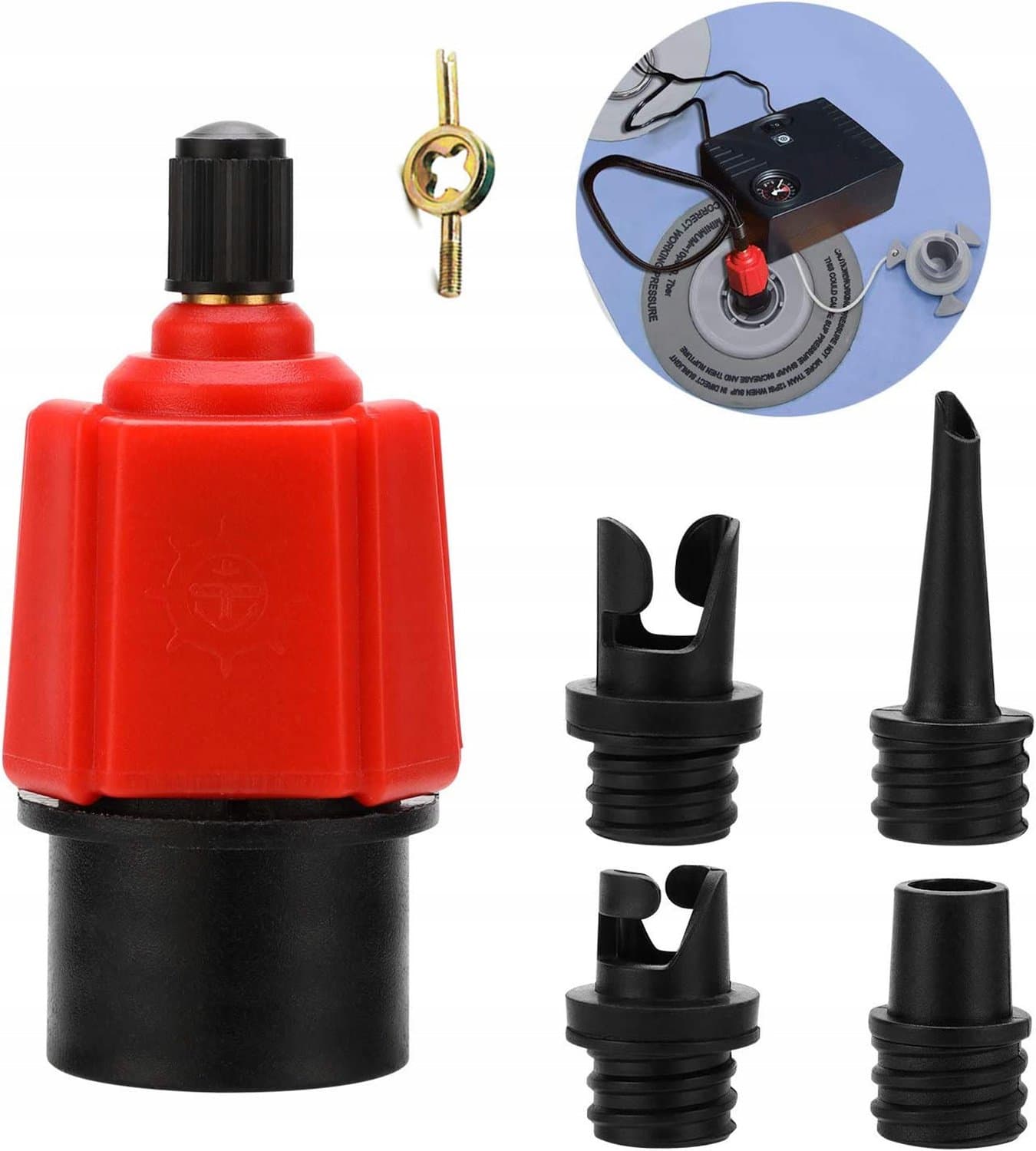 Adapter voor SUP pomp met 4 mondstukken en 1 sleutel Rood
