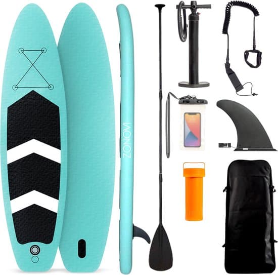 Zonovi SUP board - Draagkracht 150KG - Opblaasbaar Paddle Board - Complete Set - Stand Up Paddle Boards - Surfboard - Surfplank - Pomp - Peddel - Vin - Leash - Mint Groen - Opblaasbare - 320X80cm - Turquoise/Zwart