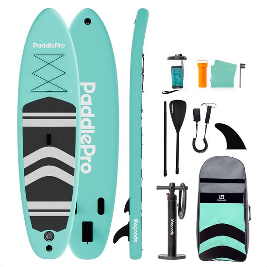 LifeGoods PaddlePro SUP Board - Opblaasbaar Paddle Board - Complete Set - Max. 150KG - 320x81cm - Pastelgroen