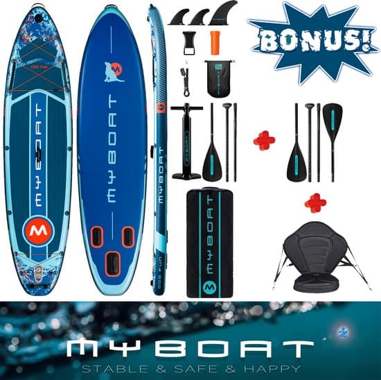 Luxe zeer complete set | MyBoat DOG FUN Kajak Peddel Boord, SUP Board met 5cm hoog stevig zitje plus tweede extra 4 delige peddel voor kano ervaring kajakken | 2 personen of met je hond, familie, Samen Stand Up peddelen | 168 Kg belastbaar gewicht