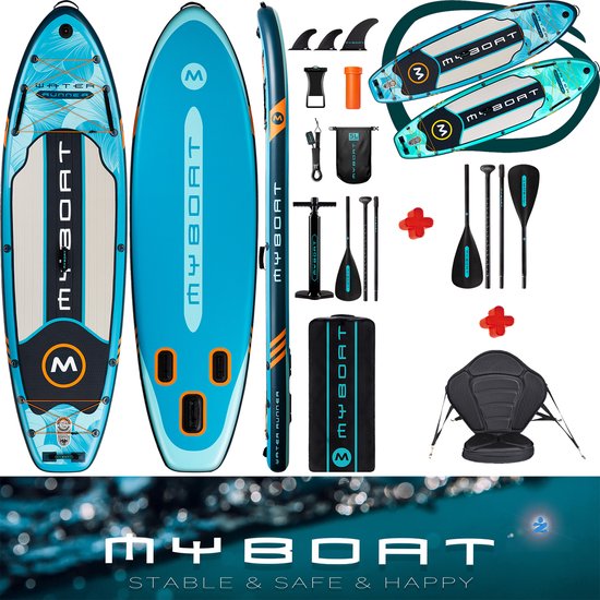 Luxe zeer complete set | Opblaasbaar MyBoat Kajak Boord | Bredere neus & extra beweegruimte SUP Board met 5cm hoog stevig zitje en 4 delige peddel voor kano ervaring | 2 personen; Samen Stand Up peddelen | 168 Kg belastbaar kajakken