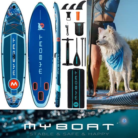 MyBoat DOG FUN | Ultra Licht & Stabiel Opblaasbaar Boord …voor 2, je hond, familie | 350cm Stand Up Paddle Board voor samen | Speciale Doggy Antislip Plek voorop de Sup | Extra Breed | Camera Mount, pomp, Sterke Verstelbare Peddel, 168 Kg belastbaar