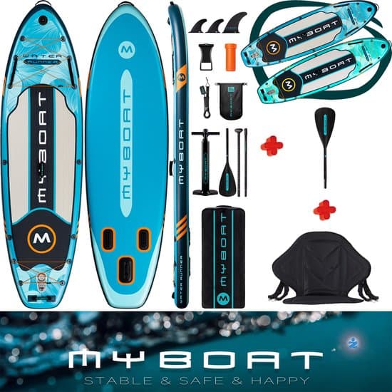Luxe zeer complete set | Blauw Opblaasbaar MyBoat Pro Kajak Boord | Stand Up Paddle Blue SUP Board type Water Runner met sportief zitje en 4 delige peddel voor kajak kano ervaring | Samen, Familie, 2 á 3 personen of met hond | Tot 168 Kg kajakken