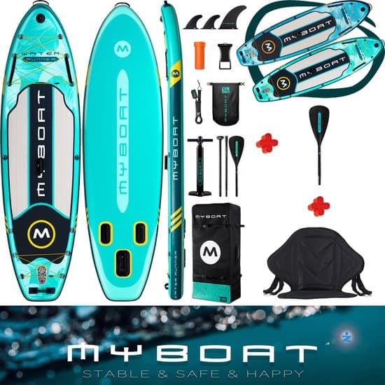 Luxe zeer complete set | Groen Opblaasbaar MyBoat Pro Kajak Boord | Stand Up Paddle Lake Green SUP Board Wind Water Runner met sportief zitje | 4 delige peddel voor kano ervaring | Samen, Familie, 2 á 3 personen of met hond | Tot 168 Kg kajakken
