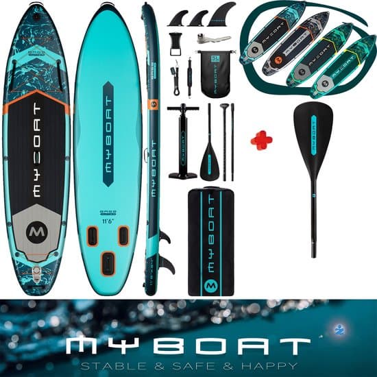 Ultra Licht & Stabiel MyBoat Bass Hunter Boord voor 2 personen | Extra Breed Opblaasbaar 350cm Stand Up Sup Paddle Board | Sterke enkelvoudige of dubbel peddel blad te koppelen kajak/kano paddel beide zijden paddelen | 3 Vinnen | Pomp
