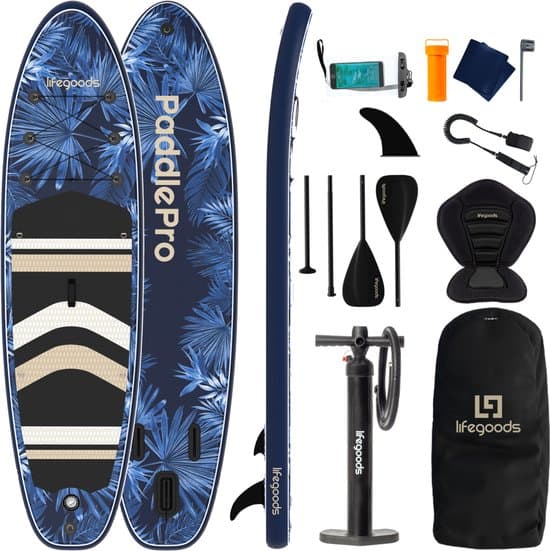 LifeGoods PaddlePro SUP Board - met Zitje - Opblaasbaar Paddle Board - Complete Set - Max. 150KG - 320x81cm - Tropical Blauw