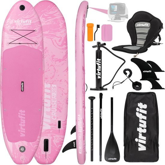 VirtuFit Cruiser Opblaasbaar SUP Board 305 cm - Max. 180 kg - Complete Set - Incl. Kajak Zitje, Peddel, Pomp, Tas & GoPro-mount - Stand Up Paddle Board - Roze