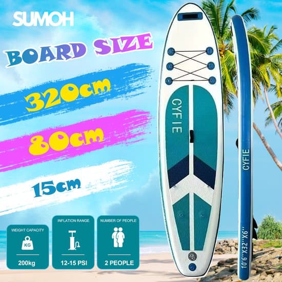 SUMOH® CYFIE Adventure Opblaasbaar SUP Board Paddleboard – 320x80x15cm – Voor 2 Personen – Complete Set met Peddel, Pomp, Rugzak, Veiligheidslijn & Vin – Verstevigd SCE Materiaal– Tot 200kg – Inflatable Paddle Board – Cruisen, Race, Tochten, Yoga