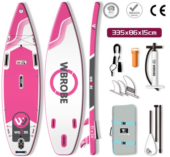 WaveRite Opblaasbaar SUP Board 335 cm – Stand Up Paddle Board voor 1-2 Personen, Allround Touring, Tot 200 kg, Lichtgewicht, Antislip, Inclusief Voetpomp – Roze