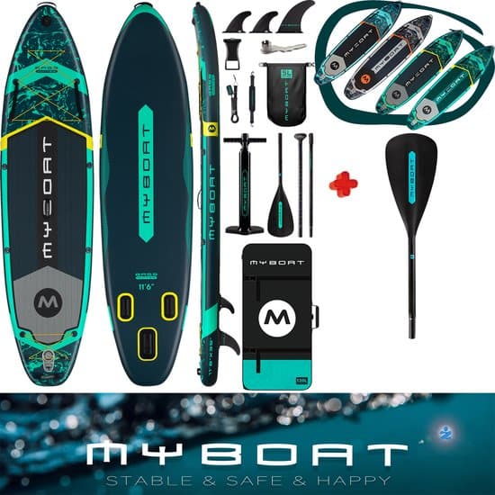 Ultra Licht & Stabiel MyBoat Bass Hunter Boord voor 2 personen | Extra Breed Opblaasbaar 350cm Stand Up Sup Paddle Board | Sterke enkelvoudige of dubbel peddel blad te koppelen kajak/kano paddel beide zijden paddelen | 3 Vinnen | Pomp