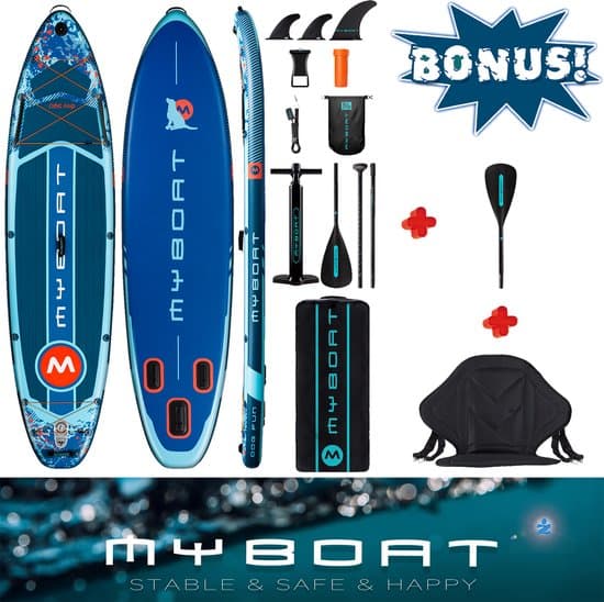Ultra Licht & Stabiel MyBoat Water Runner Boord met je hond of samen | Extra Breed Opblaasbaar 350cm Stand Up Sup Paddle Board | Speciale Doggy Antislip Plek voorop de Sup plus sportief zitje en extra peddel blad voor de kajak/kano paddel ervaring
