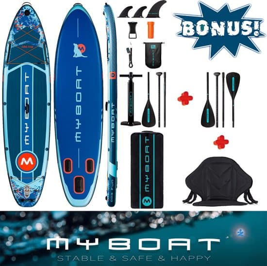 Complete MyBoat Dog Fun kano Kajak set | 350cm lang SUP Board met compact sportief zitje plus extra 4 delige peddel | 2 personen Stand Up kajakken of samen met je hond suppen | Speciale Doggy Antislip Plek voorop de Sup | 168 Kg belastbaar Boord