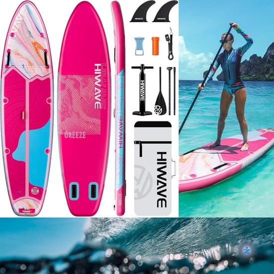 HiWave California Breeze Quicksand Pink — 335cm Stand Up Sup Std Surfing Paddle Board | Extra Breed | Ultra Licht & Stabiel — Afneembare Vin, Camera Mount, Lucht Pomp, Sterke Verstelbare Peddel, 175 Kg belastbaar, Familie, Volwassenen, Kinderen,Roze
