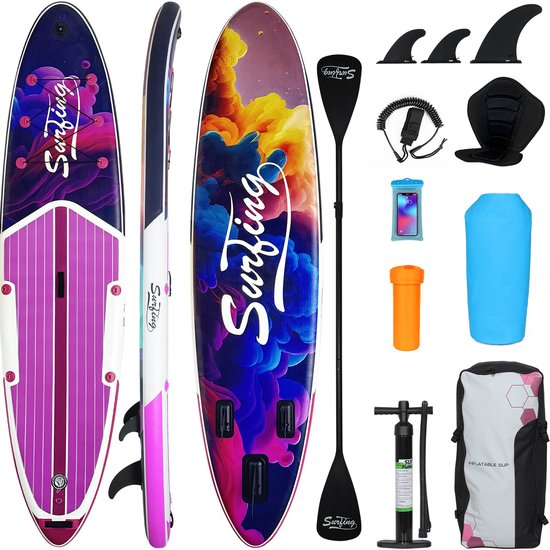 Puluomis Opblaasbaar Paddle Board - Paddle SUP Board - met Zitje - Complete Set - Max. 150KG - 335x84cm - Paars