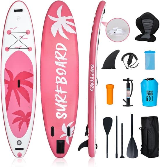 Puluomis Opblaasbaar Paddle Board - Paddle SUP Board - met Zitje - Complete Set - Max. 150KG - 335x76cm - Roze