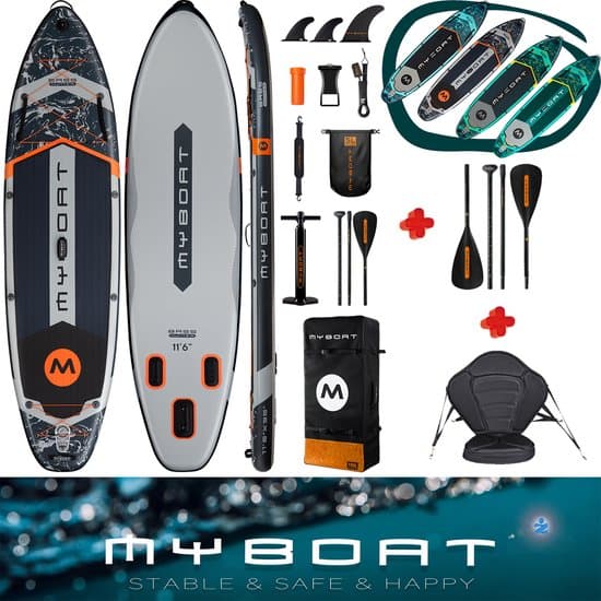 Luxe zeer complete set | BassHunter Kajak Peddel Boord | 350cm lang MyBoat SUP Board Set met 5cm hoog stevig zitje plus tweede extra 4 delige peddel voor kano ervaring | 2 personen | Samen Stand Up peddelen | 168 Kg belastbaar gewicht | kajakken