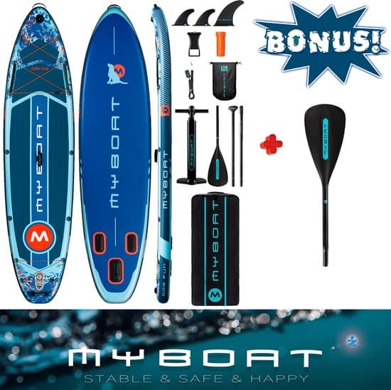 Ultra Licht & Stabiel MyBoat Water Runner Boord met je hond of samen | Extra Breed Opblaasbaar 350cm Sup Paddle Board | Speciale Doggy Antislip Plek voorop de Sup plus extra peddel blad met je hond, familie Stand Up peddelen