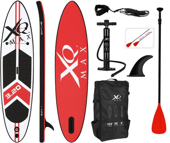XQMax SUP Board - Opblaasbaar Paddle Board - Complete Set R- Met Pomp / Draagtas / Verstelbare Peddel / Enkelkoord / Reparatiekit - Max. 150KG - 320x76cm - Rood