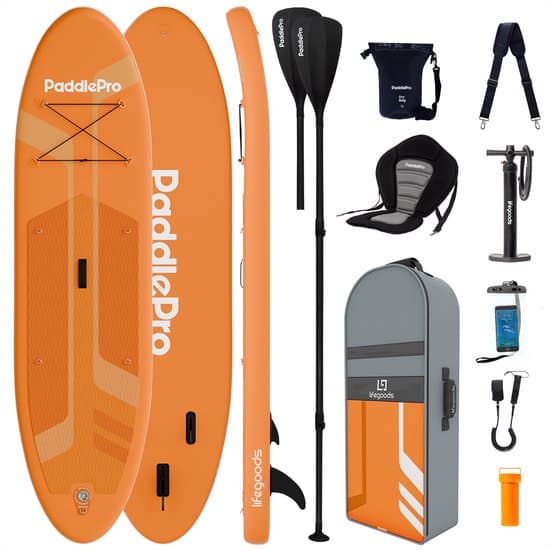 LifeGoods PaddlePro SUP Board - Luxe Set - met Zitje - Opblaasbaar Paddle Board - Max. 150KG - 320x81cm - Oranje