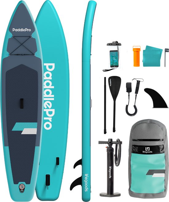 LifeGoods SUP Board Touring - 165 KG Draagkracht - 365 x 76 cm - Opblaasbaar - Compleet Sup pakket - Turquoise