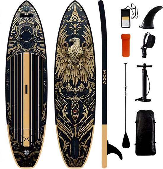 Zonovi Supboard Aqua Eagle - Draagkracht 160KG - Opblaasbaar Paddle Board - Complete Set - Met 4 Ringen Voor Zitje - Stand Up Paddle Boards - Surfboard - Surfplank - Pomp - Peddel - Vin - Leash - Opblaasbare - Met Camerahouder - 320X81cm - Geel/Zwart