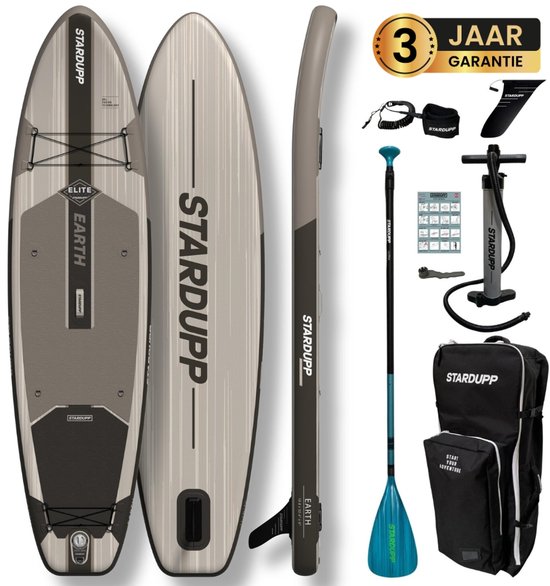 Stardupp Earth Elite SUP Board – Opblaasbaar – Touring Model – 325x82cm – Max. 160KG – Complete Set – Inclusief Pomp, Peddel & Trolley Rugzak - Wit/Grijs