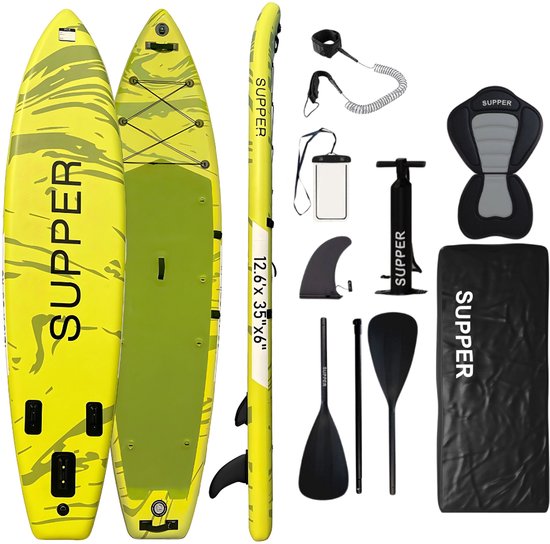 Supper Sup Board XL - Max. 220KG - Opblaasbaar – Zitje – Verstelbare Peddel – Waterdicht Telefoonhoesje – Pomp – Vin – Leash – Draagtas – Touring 381 x 81 cm - Limoengroen