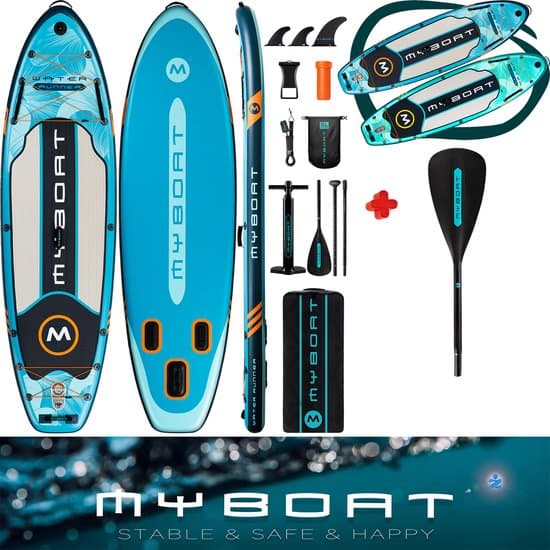 Ultra Licht & Stabiel MyBoat Water Runner Boord voor 2 personen | Extra Breed Opblaasbaar 320cm Stand Up Sup Paddle Board | Sterke enkelvoudige of dubbel peddel blad te koppelen kajak/kano paddel beide zijden paddelen | 3 Vinnen | Pomp | Blauw