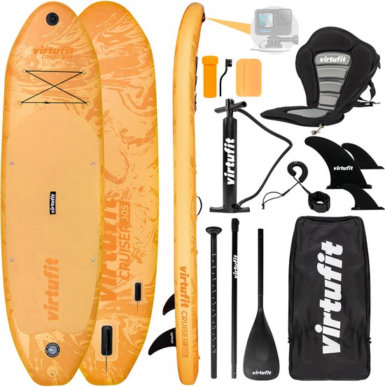 VirtuFit Cruiser Opblaasbaar SUP Board 305 cm - Max. 180 kg - Complete Set - Incl. Kajak Zitje, Peddel, Pomp, Tas & GoPro-mount- Stand Up Paddle Board - Oranje