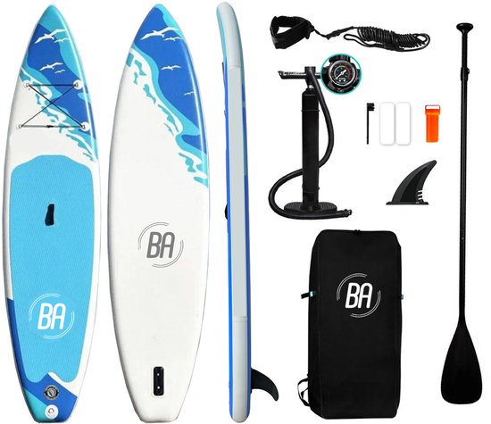 Best Active SUP Board Premium - Opblaasbaar Paddle Board - Complete Set - Met Pomp / Draagtas / Verstelbare Peddel / Enkelkoord / Reparatiekit - Belastbaarheid Max. 150KG - 335x81x15cm - Aqua/Blauw