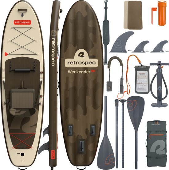 Retrospec Opblaasbaar Supboard Kayak Hybrid - 320 cm - Inclusief Zitje, Opbergtas en Accessoires - Stand Up Paddle Board - Beige / Bruin
