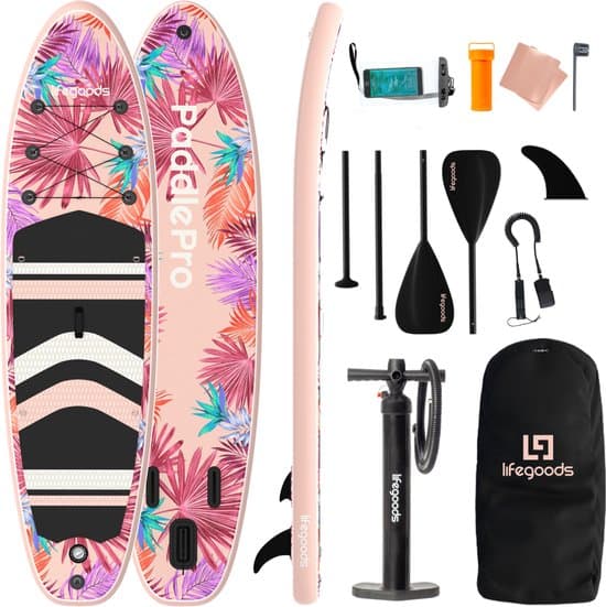 LifeGoods PaddlePro SUP Board - Opblaasbaar Paddle Board - Complete Set - Max. 150KG - 320x81cm - Tropical Roze
