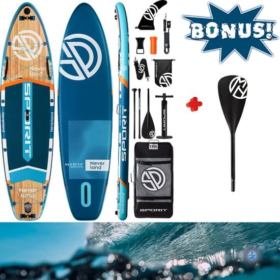 Sporit Never Land Yoga SUP Blauw Hout — 350cm Stand Up Paddle Board | Extra sterk Peddel blad | Extra Breed | Ultra Licht & Stabiel — Afneembare Vin, Camera Mount, Lucht Pomp, 195 Kg belastbaar, Familie, Volwassenen, Kinderen