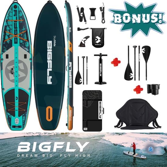BIGFLY Sky Glide Pro Sport Set Blauw — Extra vierdelige Peddel | Sportief compact zitje | 350cm Stand Up Sup Paddle Board | Extra Breed | Ultra Licht & Stabiel | 350cm Stand Up Sup Paddle Board — Afneembare Vin, Camera Mount, Pomp, 195 Kg belastbaar