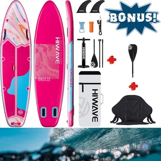 HiWave California Breeze Quicksand Pink Pro Racing — 335cm Stand Up Sup Paddle Board | Extra sterk Peddel blad | Compact Sportief zitje | Extra Breed | Ultra Licht & Stabiel — Afneembare Vin, Camera Mount, Pomp, 175 Kg belastbaar, Familie Volwassenen