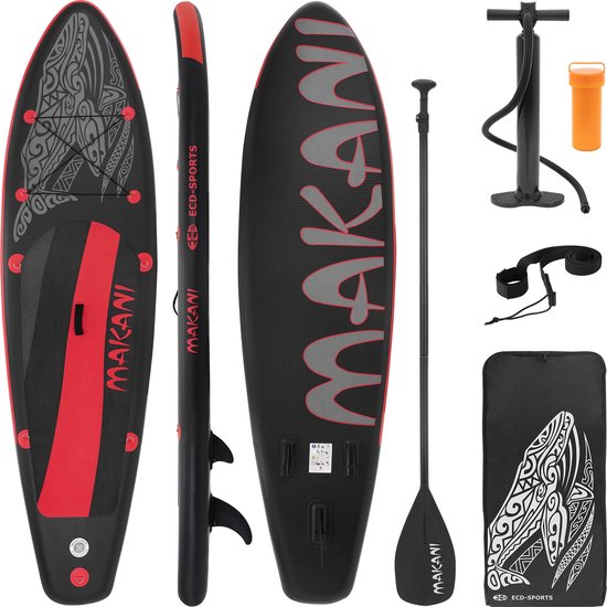 Stand Up Paddle opblaasbaar SUP Board Makani 320x80x15 cm in zwart/rood gemaakt van PVC inclusief pomp en draagtas