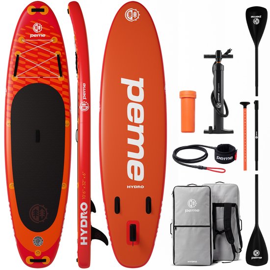 PEME SUP 320 - SUP Board Opblaasbaar - Complete Set - Max. 150 kg - 320x81cm - Transport Rugzak - Peddel – Pomp – Vin – Leash - Sunset Orange