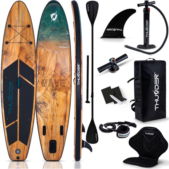 THUNDER® WOOD SUP Board Opblaasbare 350 cm met Kajakstoel – Complete Set met Pomp, Peddel & Accessoires
