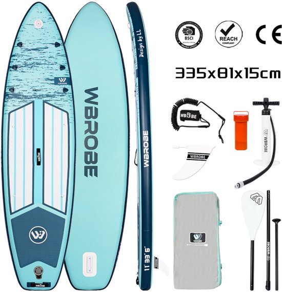 WaveRite Opblaasbaar Stand Up Paddleboard 335x81x15 cm Blauw – Lichtgewicht SUP Board voor Race, Toer en Recreatie – Inclusief Pomp, Peddel, Vin en Rugzak – Max. 200 kg