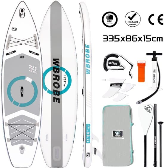WaveRite Opblaasbare SUP 335 cm – Stand Up Paddleboard met Voetpedaal, Tot 200 kg, Ultra Licht, Touring Allround Paddleboard voor 1-2 Personen – Grijs