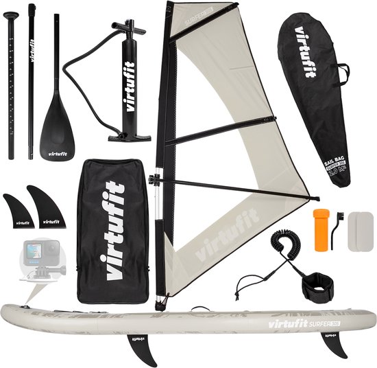 VirtuFit Surfer Opblaasbaar SUP Board 305 cm - Met Windsurf Zeil, Accessoires & Draagtas - Inclusief Mast, Vin en Reparatieset - Stand Up Paddle Board - Beige