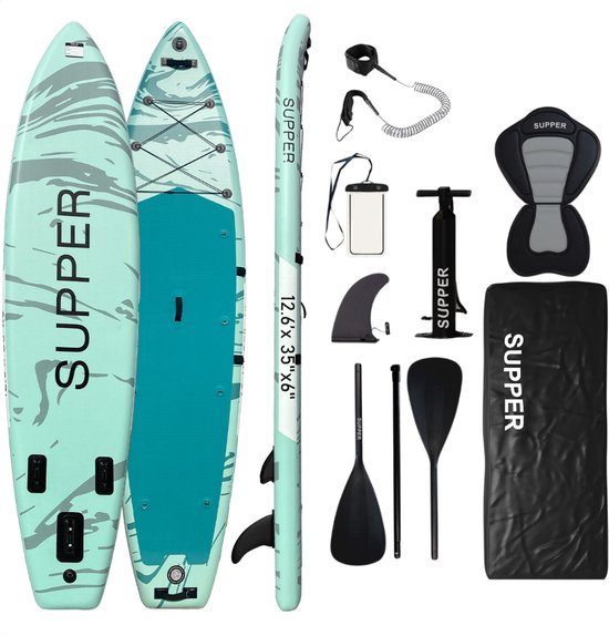 Supper Sup Board XL - Max. 220KG - Opblaasbaar – Zitje – Verstelbare Peddel – Waterdicht Telefoonhoesje – Pomp – Vin – Leash – Draagtas – Touring 381 x 81 cm - Turqoise