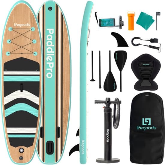 LifeGoods PaddlePro SUP Board - met Zitje - Opblaasbaar Paddle Board - Complete Set - Max. 150KG - 320x81cm - Hout/Mintgroen