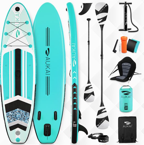Supboard Pro - 320 cm - Turquoise - Incl kayak paddle en zitje - Draagkracht tot 200KG