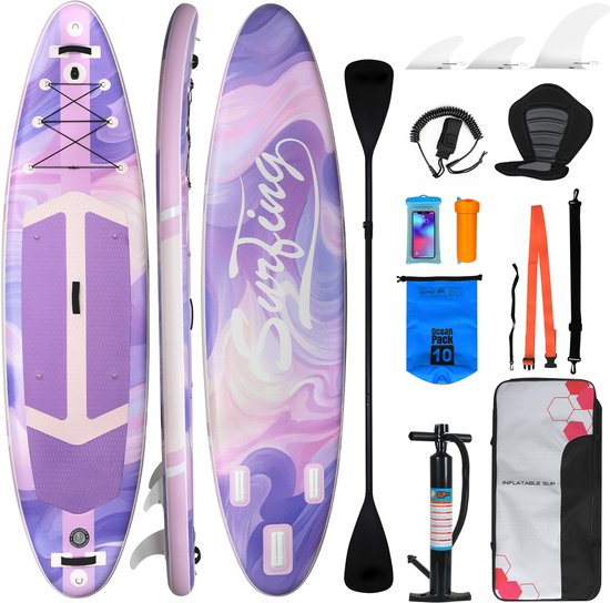 Puluomis Opblaasbaar Paddle Board - Paddle SUP Board - met Zitje - Complete Set - Max. 150KG - 335x84cm - Lichtpaars