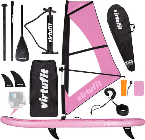 VirtuFit Surfer Opblaasbaar SUP Board 305 cm - Met Windsurf Zeil, Accessoires & Draagtas - Inclusief Mast, Vin en Reparatieset - Stand Up Paddle Board - Roze