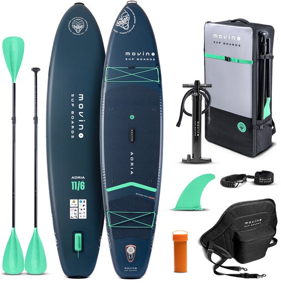 Movino Adria - Sup Board - 11’6” (350 cm) - Opblaasbaar - Max. 160 kg - Rugzak - Dubbele pomp - Leash, Vin - 2-in-1 peddel - Kajakstoel - Reparatieset