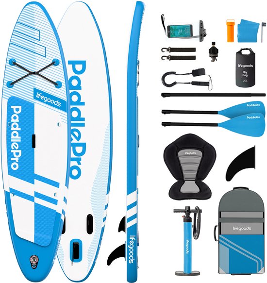 LifeGoods PaddlePro SUP Board Pro - Pro Set - Met Zitje - Opblaasbaar Paddle Board - Max. 150KG - 320x81cm - Sky Blue